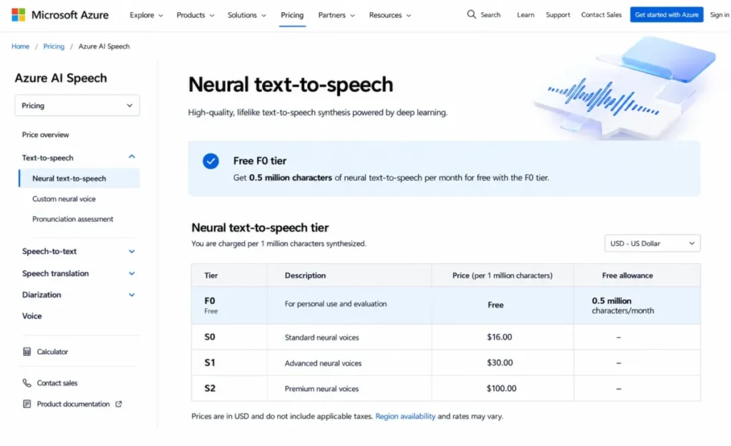 Azure AI Speech neural text-to-speech pricing page showing the F0 free tier with 0.5 million characters per month