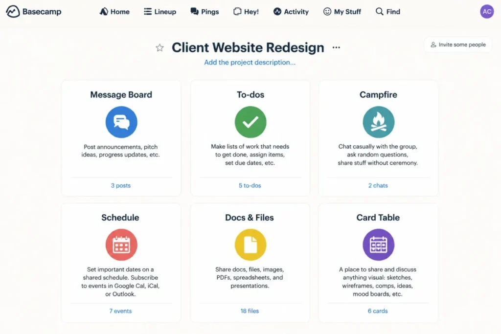 Basecamp project home showing Message Board, To-dos, Campfire, Schedule, Docs and Files, and Card Table tools