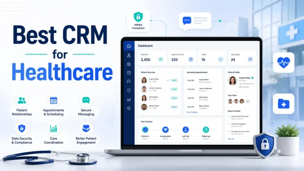 Best CRM for Healthcare featured image with a patient management dashboard, scheduling, secure messaging, care coordination, and HIPAA compliance.