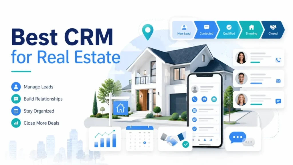 Best CRM for Real Estate graphic featuring a modern home, mobile CRM interface, lead pipeline, contacts, messaging, calendar, and sales analytics.