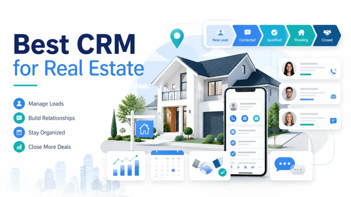 Best CRM for Real Estate graphic featuring a modern home, mobile CRM interface, lead pipeline, contacts, messaging, calendar, and sales analytics.