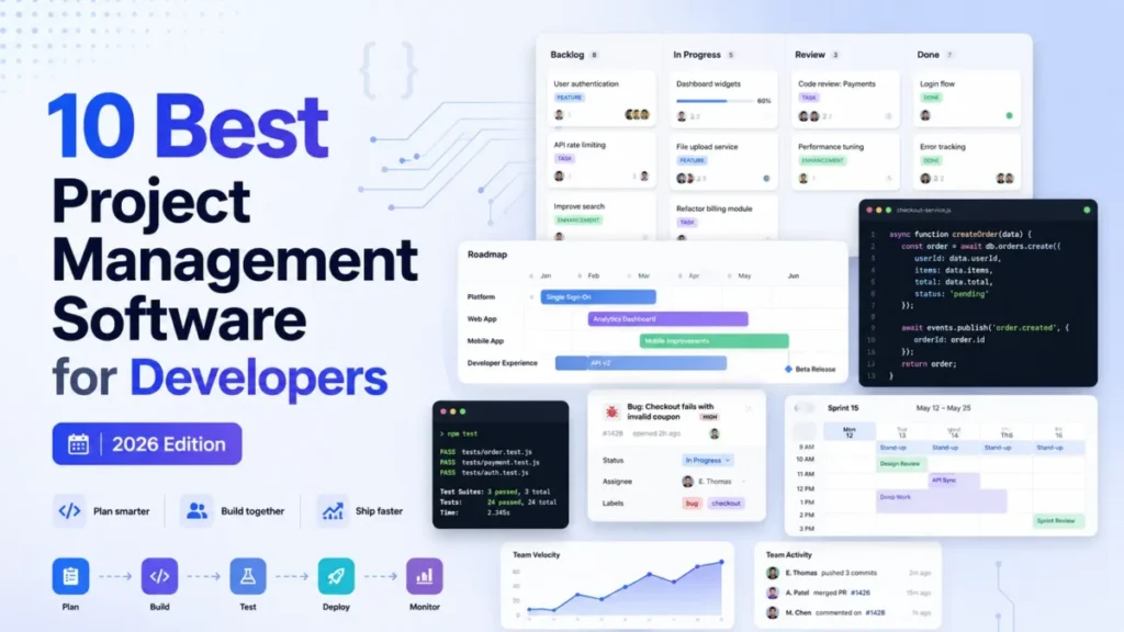 Featured image for an article about the 10 best project management software tools for developers, showing boards, roadmaps, code, and sprint planning visuals.