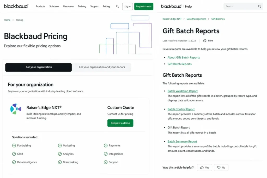 Blackbaud Raiser's Edge NXT custom pricing page and Gift Batch Reports documentation showing Batch Validation and Batch Control reports