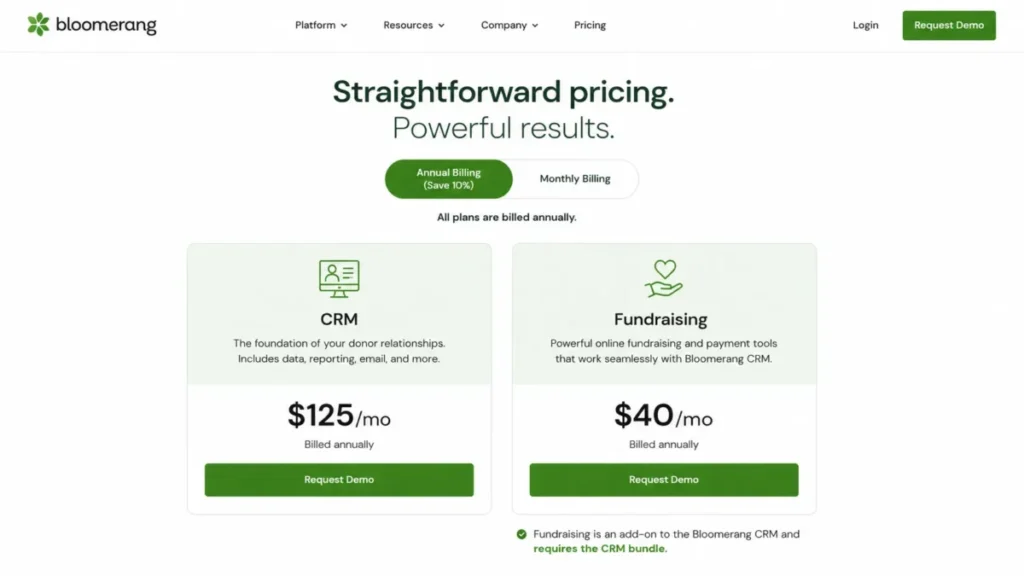 Bloomerang pricing page showing CRM at $125 per month and Fundraising at $40 per month, billed annually