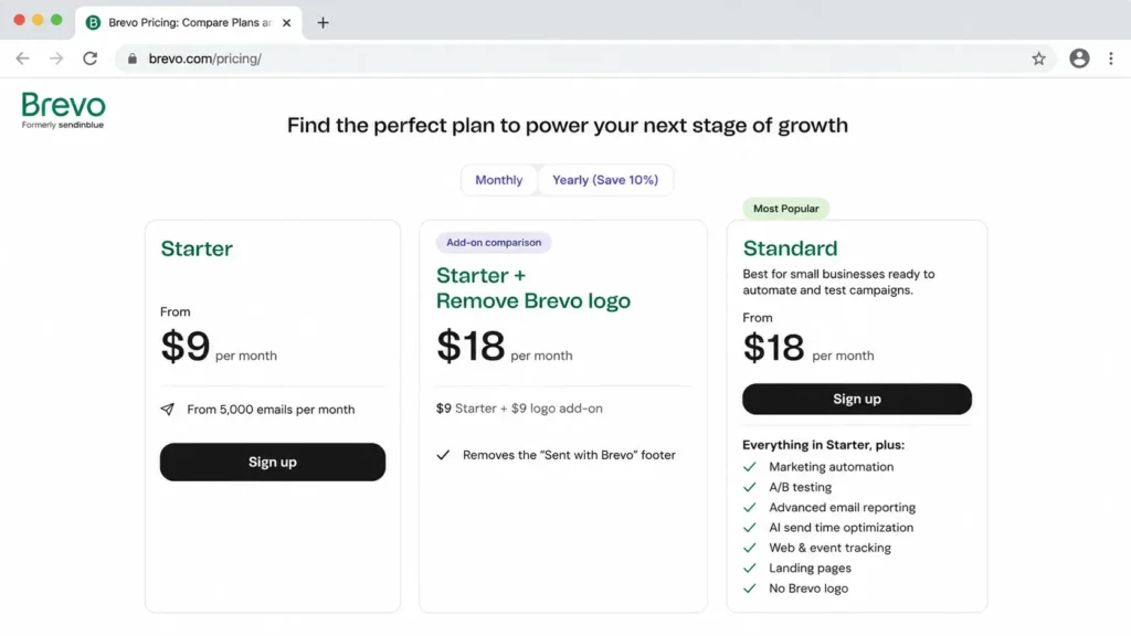 Brevo Starter vs Standard pricing comparison showing the $9 logo-removal add-on and $18 Standard plan