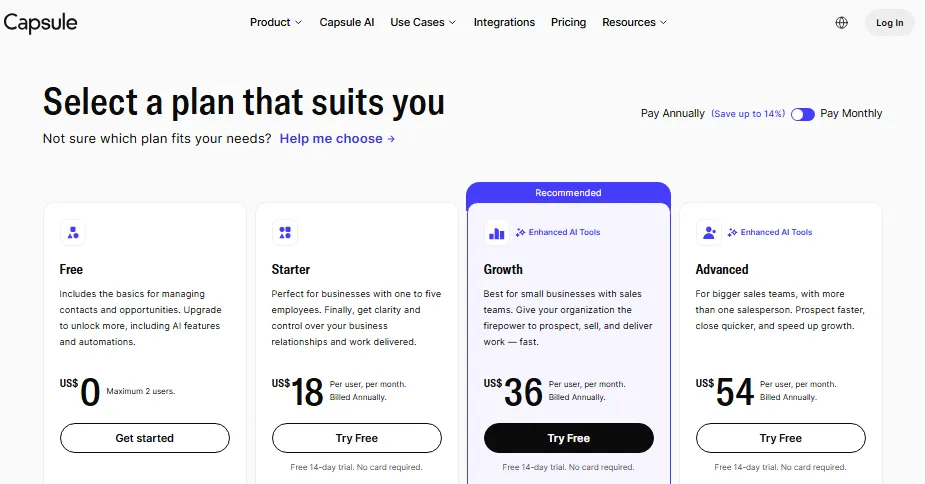 Capsule CRM pricing page showing Free, Starter, Growth, and Advanced plans