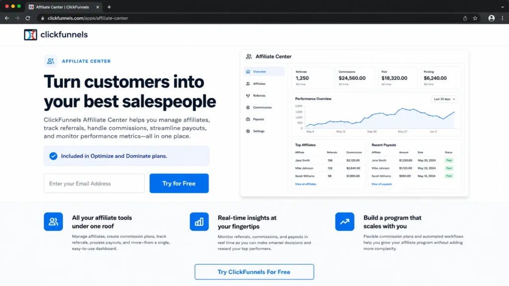 ClickFunnels Affiliate Center app page showing it is included in Optimize and Dominate plans