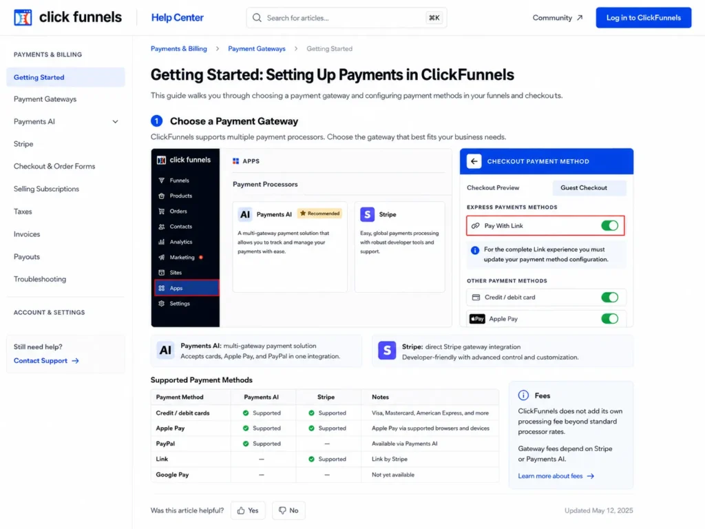 ClickFunnels payment setup showing Stripe, Payments AI, and supported payment methods
