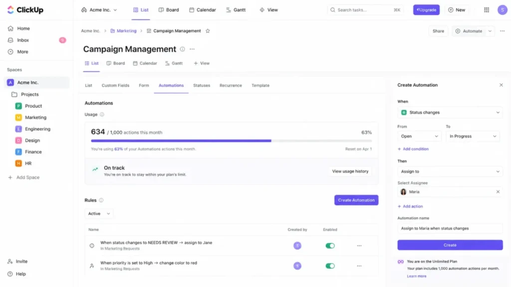 ClickUp Automations panel showing 634 of 1,000 monthly automation actions used on the Unlimited plan