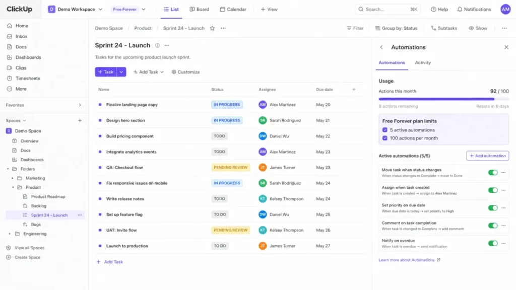 ClickUp Free Forever List view showing five active automations and 92 of 100 monthly automation actions used.