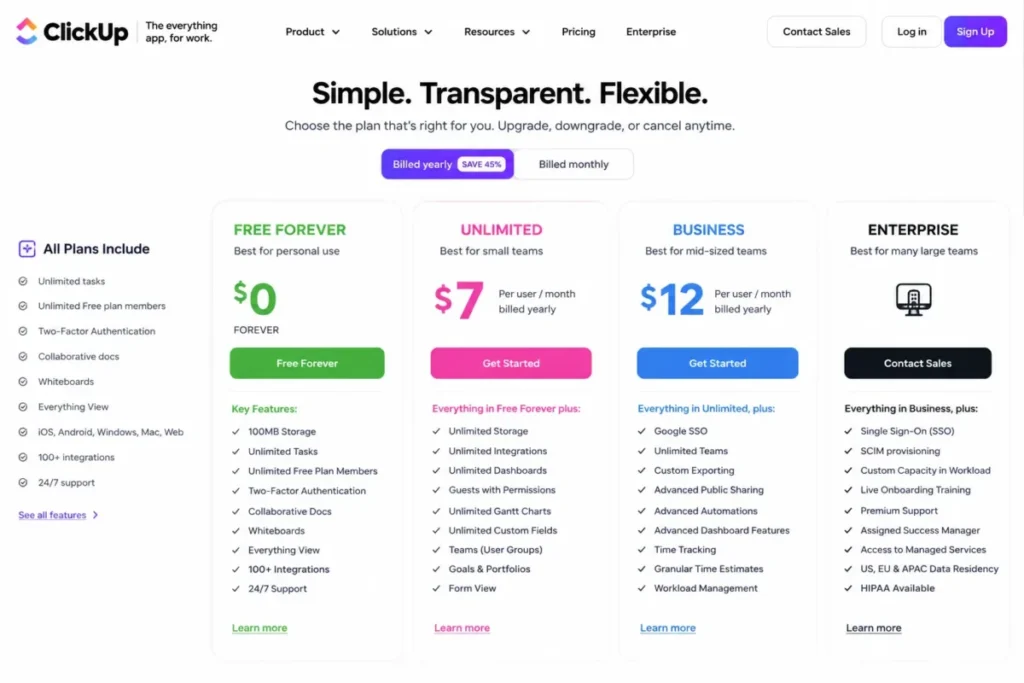 ClickUp pricing page mockup comparing the Free Forever and Unlimited plans.