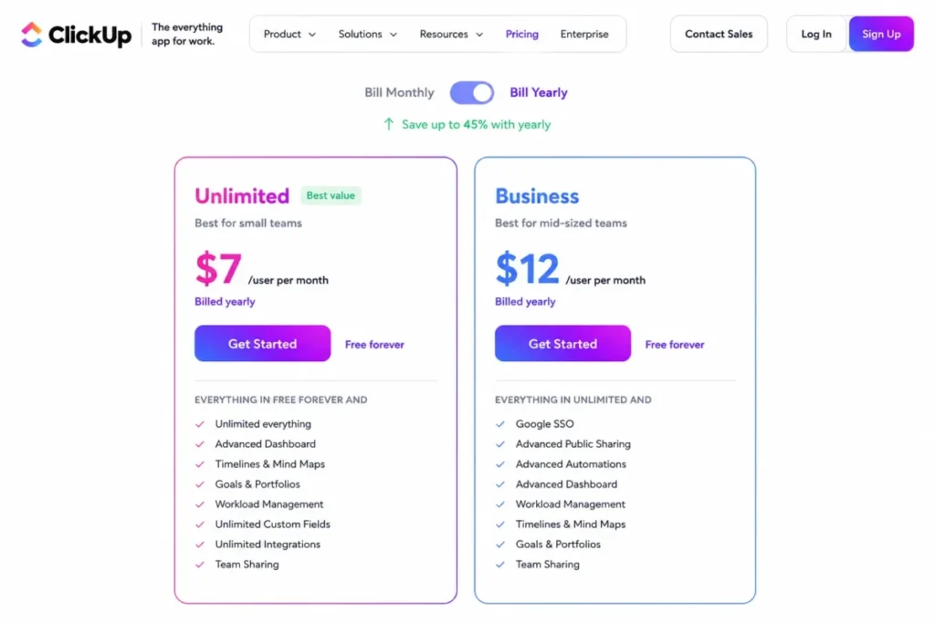 ClickUp yearly pricing showing Unlimited at $7 and Business at $12 per user per month.