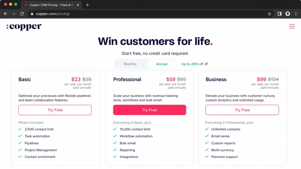 Copper CRM pricing page showing contact limits for Basic Professional and Business plans