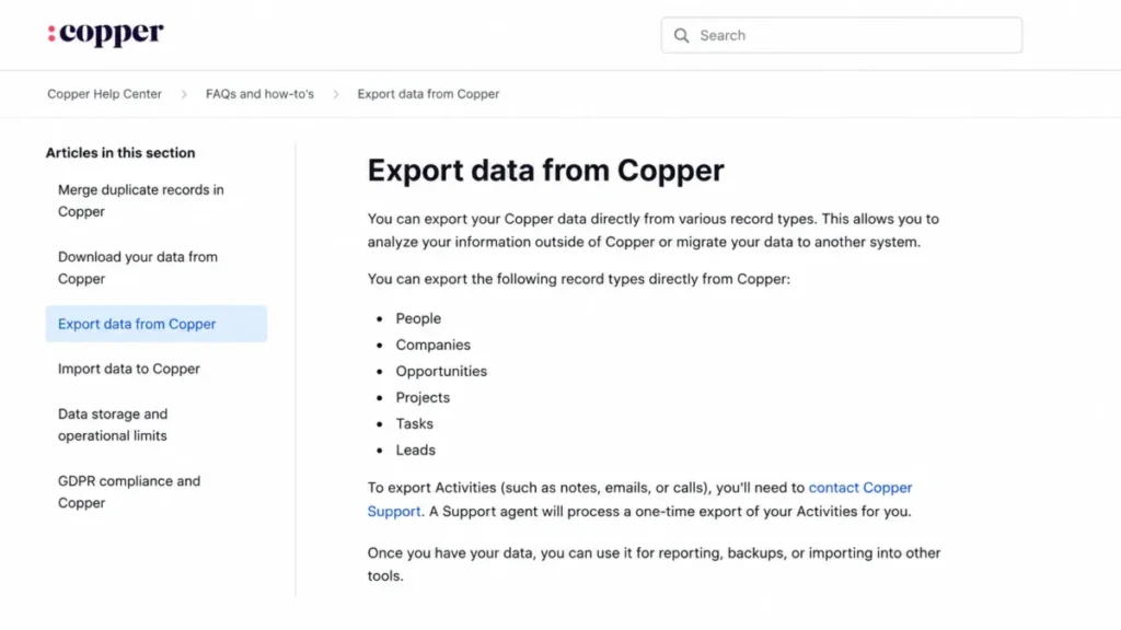 Copper help center article showing exportable CRM record types and activity export instructions