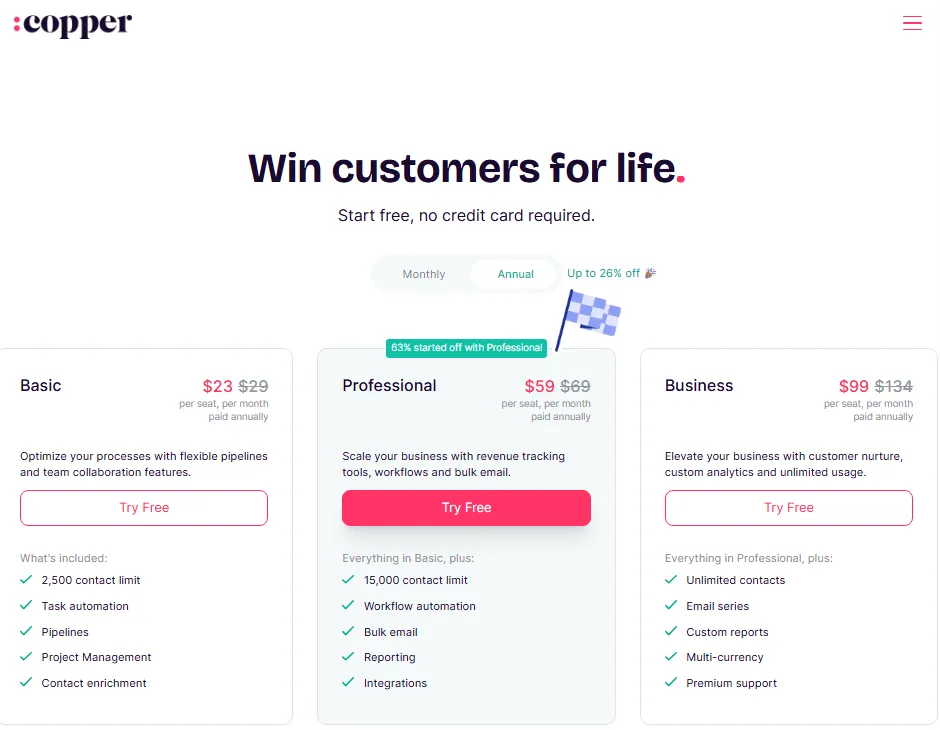 Copper CRM pricing page showing Basic, Professional, and Business annual pricing plans