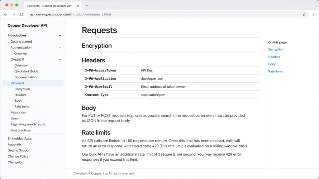 Copper Developer API documentation showing 180 requests per minute and bulk API 3 requests per second rate limits