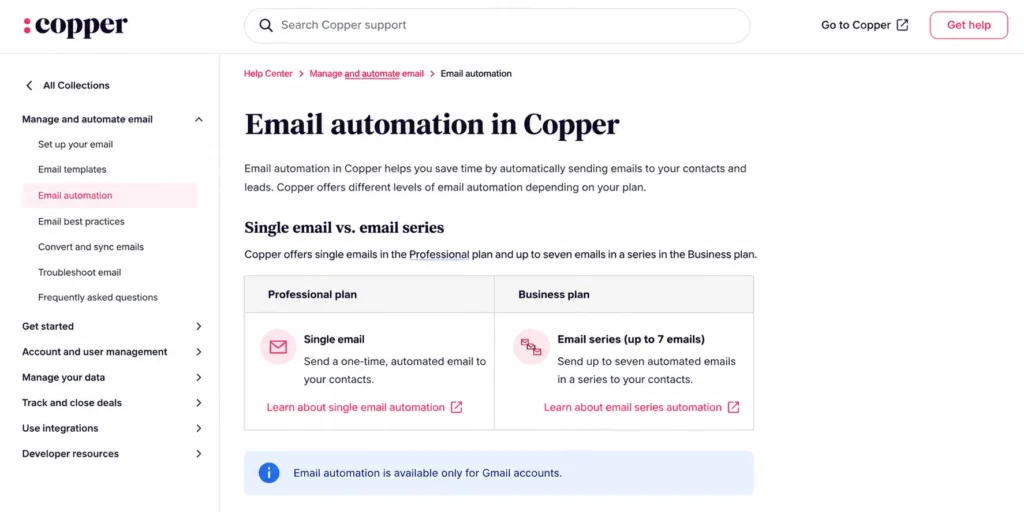Copper email automation support page comparing Professional single email and Business email series