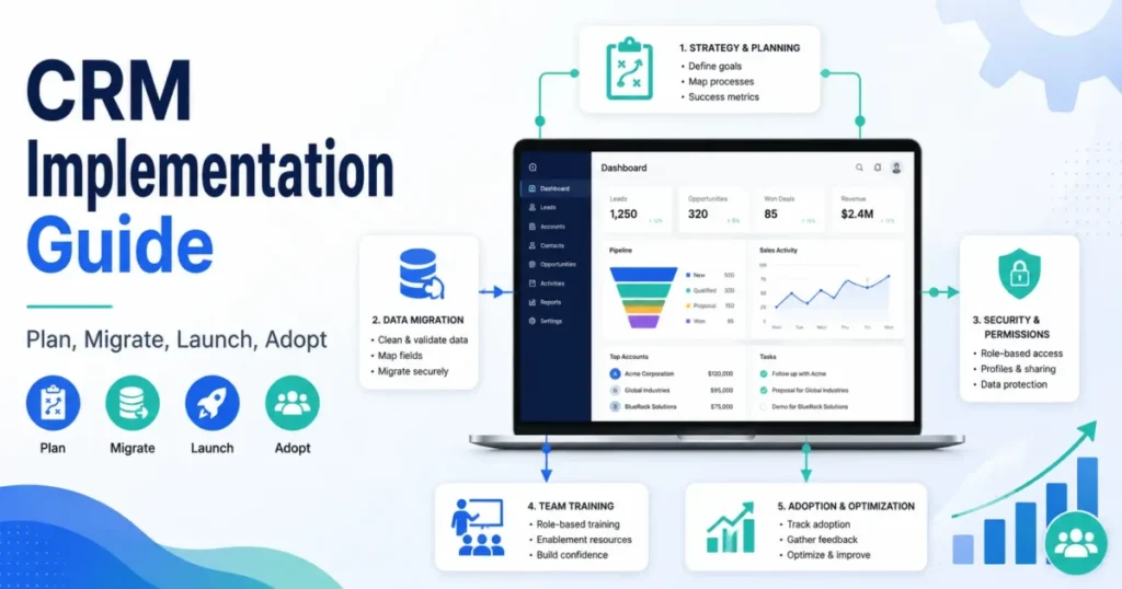 CRM implementation guide showing planning, data migration, security, training, and adoption workflow