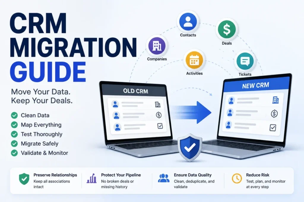 CRM Migration Guide featured image showing data moving from an old CRM to a new CRM while preserving contacts, companies, deals, activities, and tickets.
