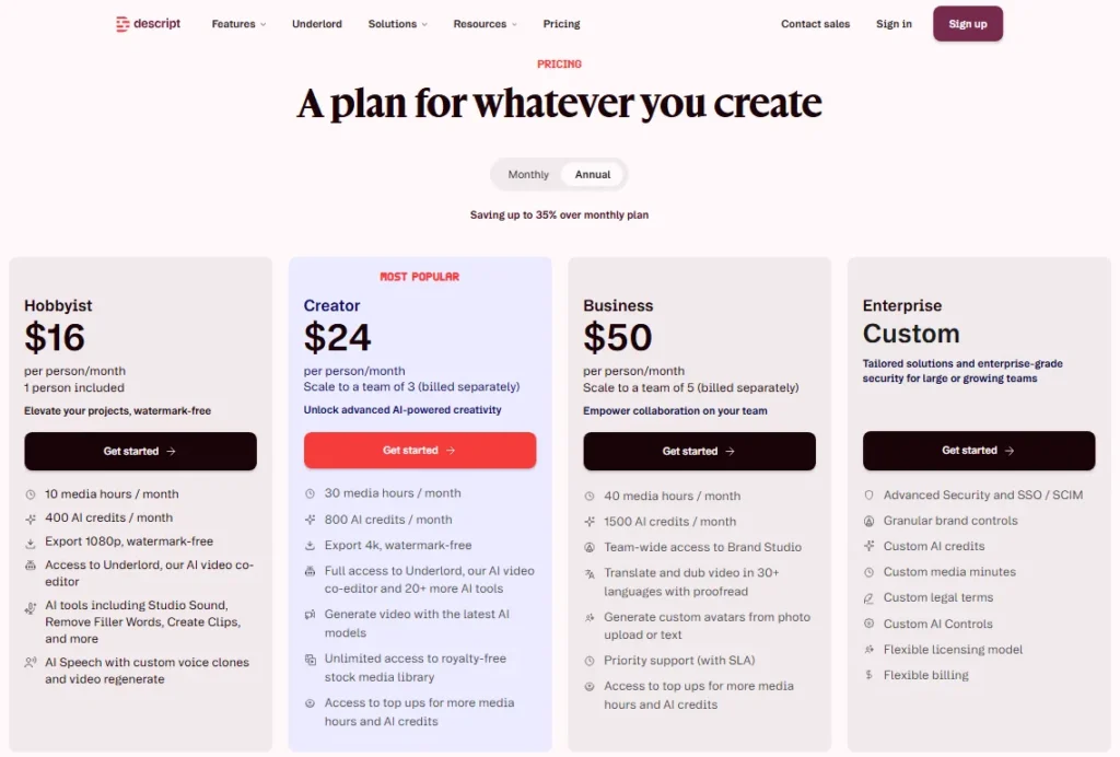 Descript pricing page showing Hobbyist, Creator, Business, and Enterprise plans with annual billing selected