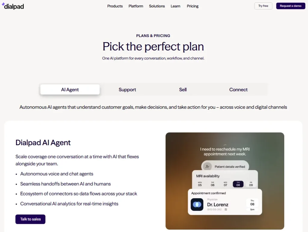 Dialpad pricing page with the AI Agent category selected, showing autonomous voice and chat agent capabilities and a request-to-sales option.
