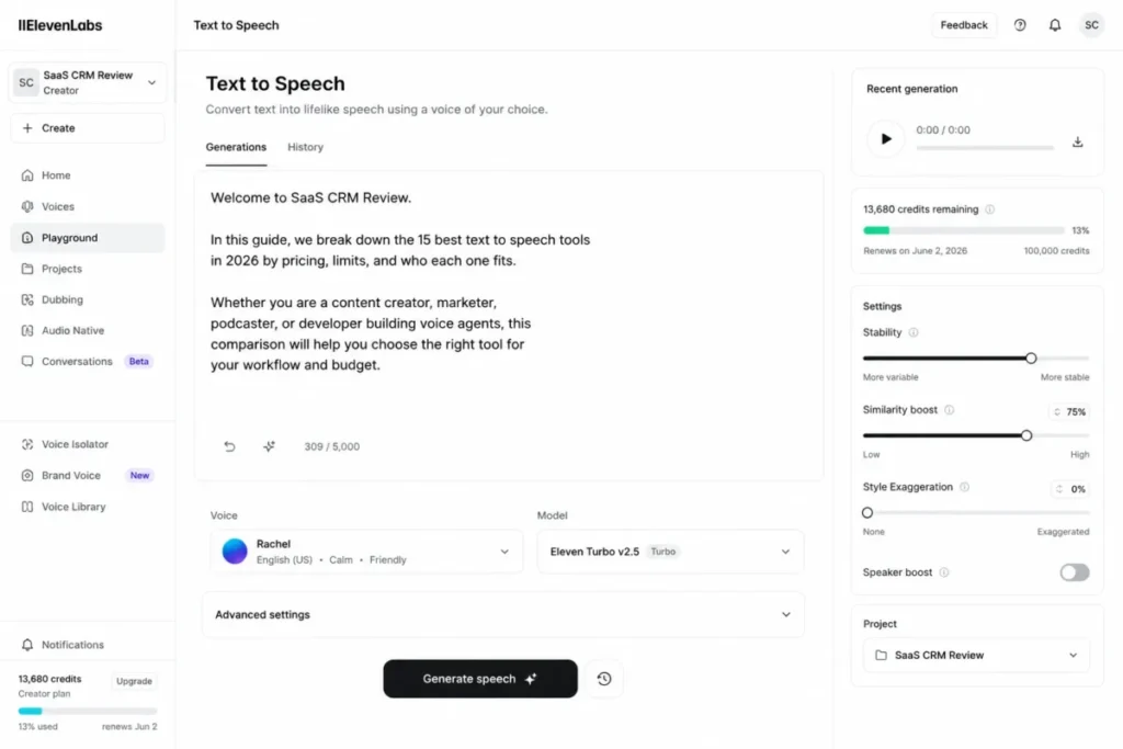 ElevenLabs Text to Speech interface showing the script editor, voice selector, Turbo v2.5 model, and remaining credits