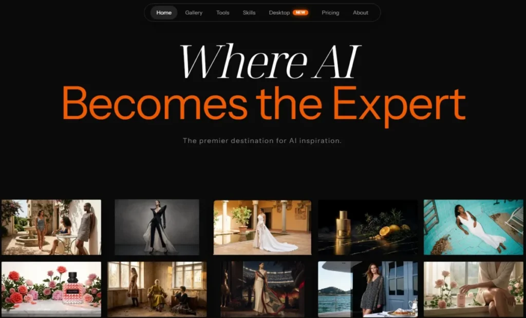 FancyAI homepage showing the creative AI platform at fancyai.com with Gallery, Tools, Skills, Desktop, Pricing, and About navigation