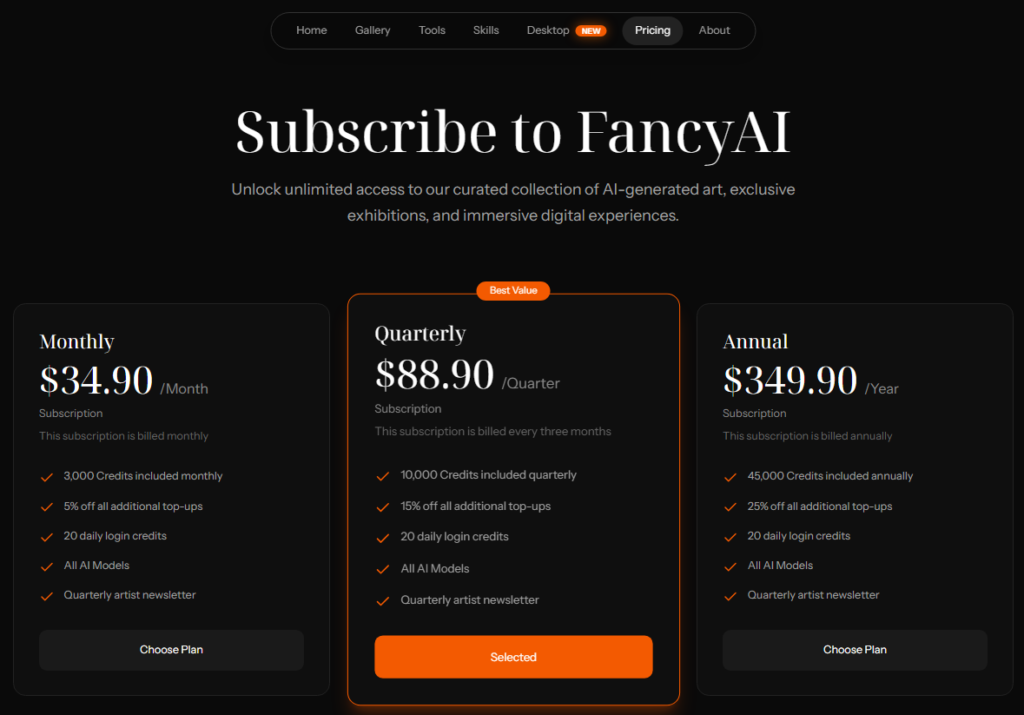 FancyAI pricing page showing Monthly, Quarterly, and Annual subscription plans with credits and top-up discounts