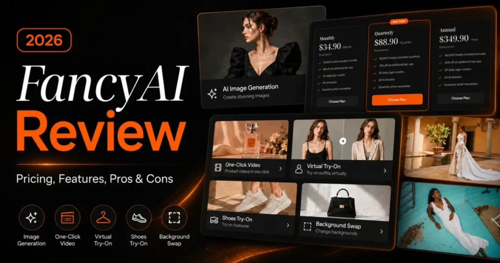 FancyAI Review 2026 featured image showing pricing plans, AI image generation, virtual try-on, one-click video, shoes try-on, and background swap