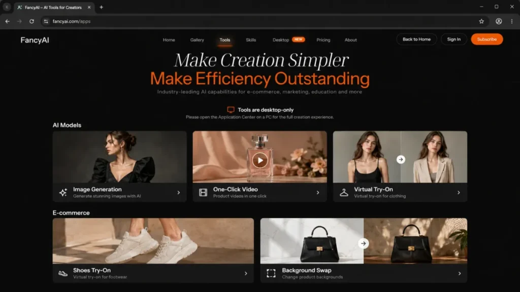 FancyAI tools page showing Image Generation, One-Click Video, Virtual Try-On, Shoes Try-On, and Background Swap tiles