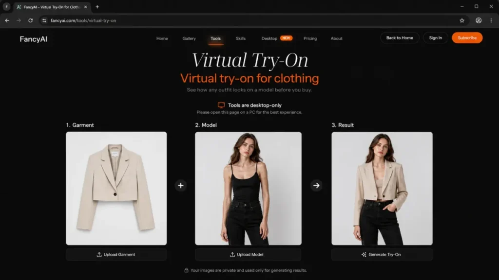 FancyAI virtual try-on interface showing a garment image, model image, and generated on-model clothing result