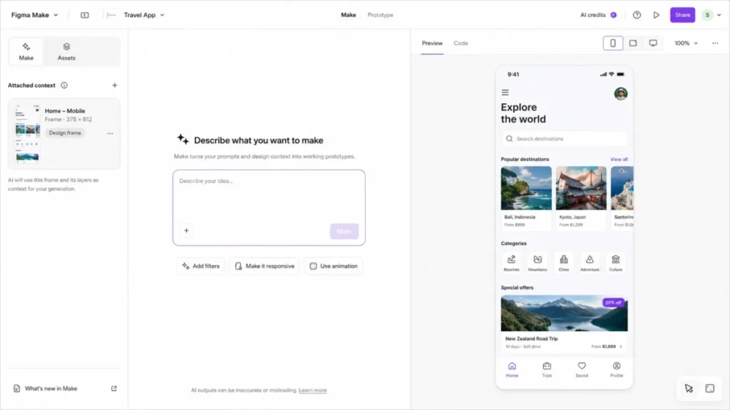 Figma Make interface showing an attached design frame, AI prompt composer, and generated mobile app prototype preview.