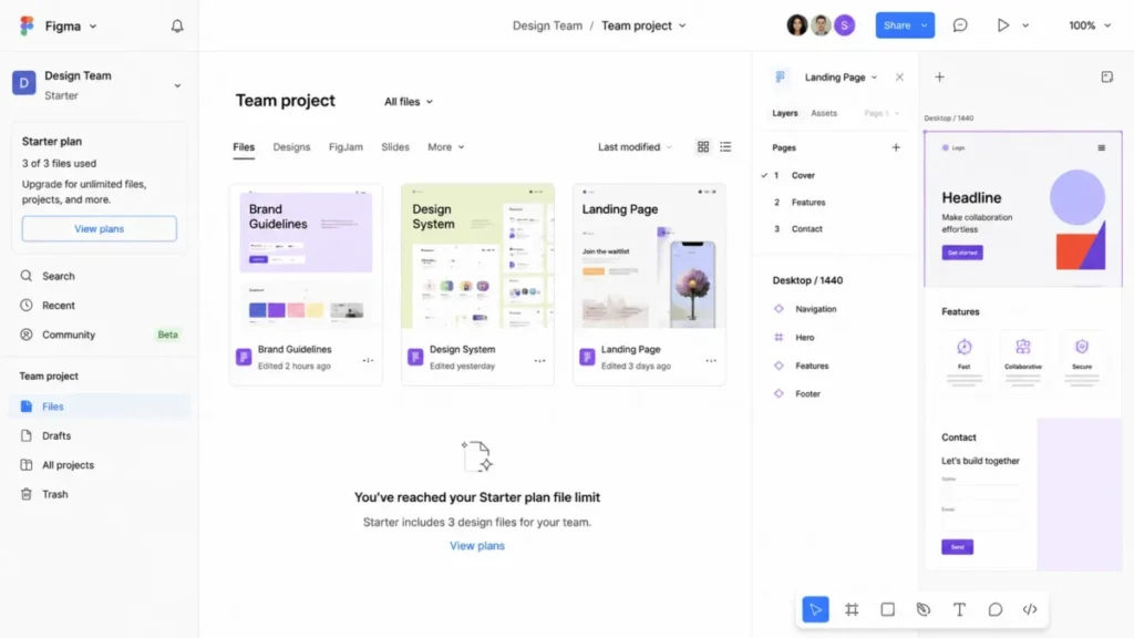 Figma Starter workspace showing three design files in use and a notice that the team has reached its editable file limit.