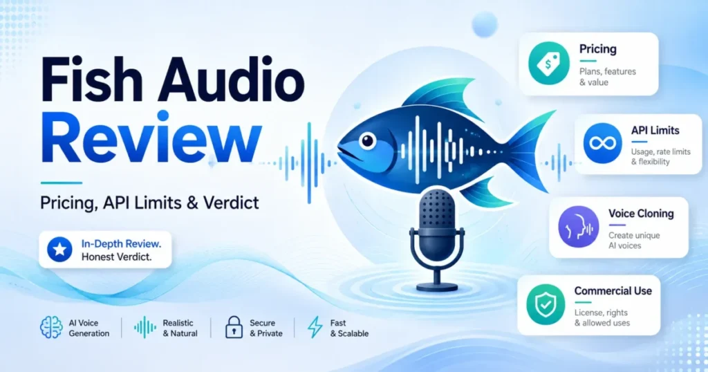Fish Audio Review featured image highlighting pricing, API limits, voice cloning, commercial use, and the final verdict.