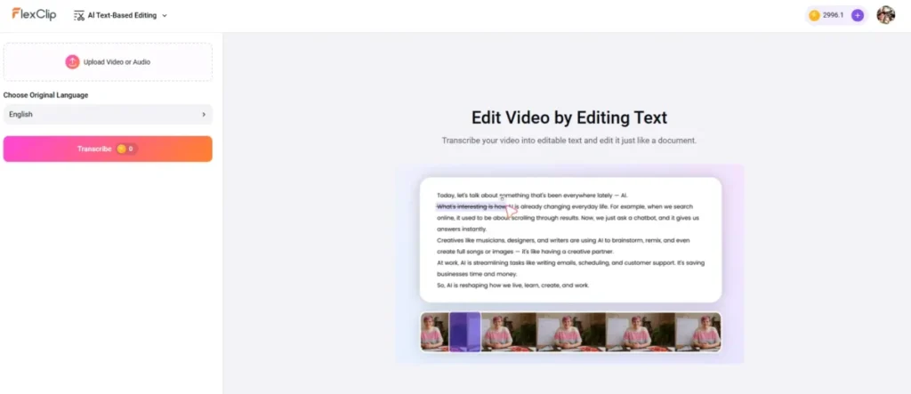 FlexClip AI Text-Based Editing screen for uploading video or audio and transcribing content into editable text.