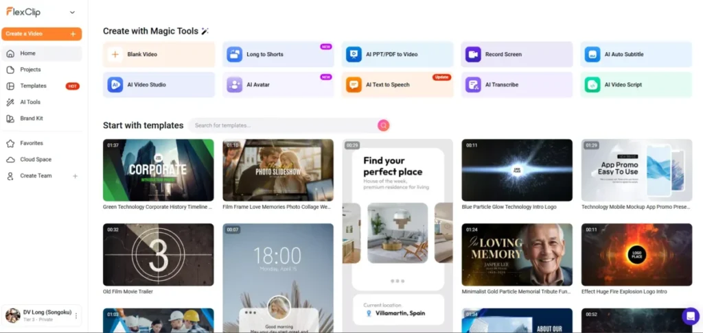 FlexClip dashboard showing Magic Tools, AI video features, Brand Kit, Cloud Space, and video templates.
