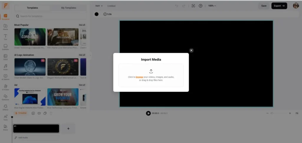 FlexClip video editor showing the Import Media dialog for uploading video, image, and audio files.
