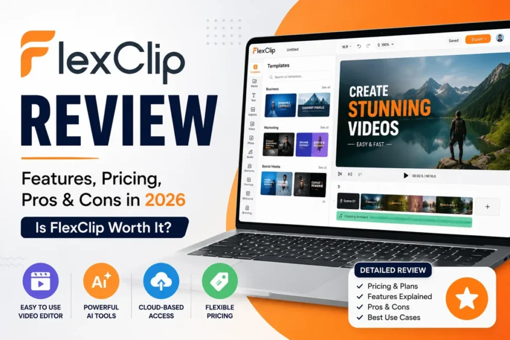 FlexClip Review 2026 featured image showing the browser video editor, AI tools, pricing, features, pros, and cons.