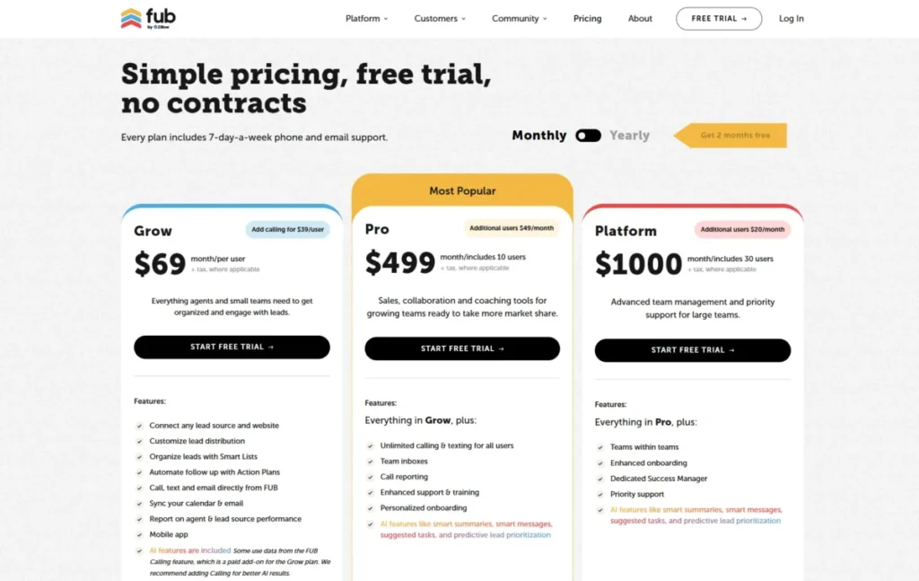 Follow Up Boss pricing page with monthly billing selected, showing Grow at $69 per user, Pro at $499 for 10 users, and Platform at $1,000 for 30 users.