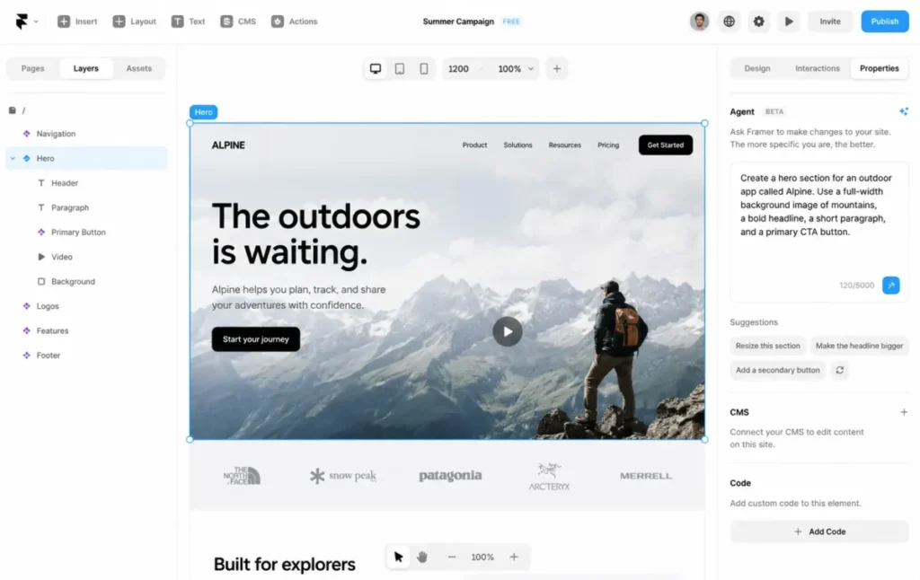 Framer AI Agent interface showing a prompt in the Properties panel and an editable generated hero section on the website canvas.