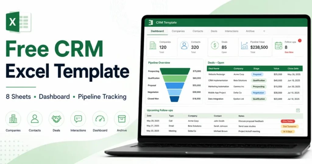Free CRM Excel template with an eight-sheet dashboard, pipeline tracking, deals, contacts, and follow-up management