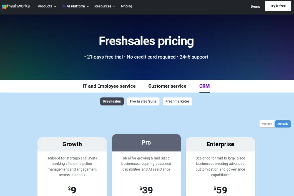 Freshsales pricing page showing Growth, Pro, and Enterprise annual CRM plans