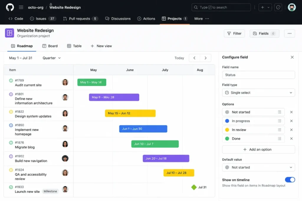 GitHub Projects roadmap view showing timeline items and an open custom field configuration panel.