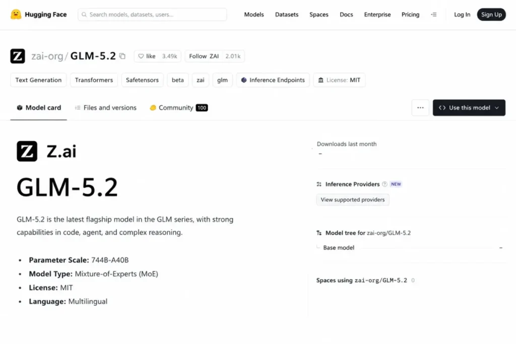Hugging Face model card for GLM-5.2 showing 744B-A40B parameter scale and MIT license