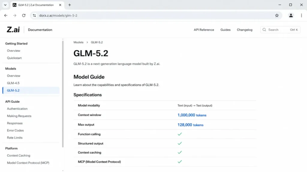 GLM-5.2 documentation showing 1M-token context and 128K output