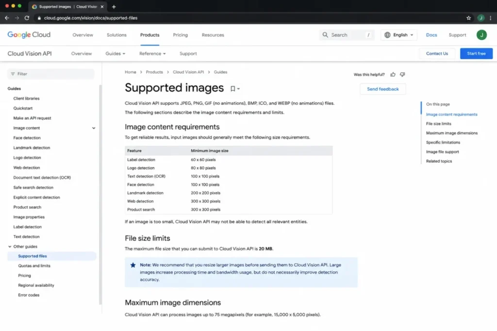 Google Cloud Vision documentation showing supported image requirements, minimum dimensions, and 20 MB file size limit