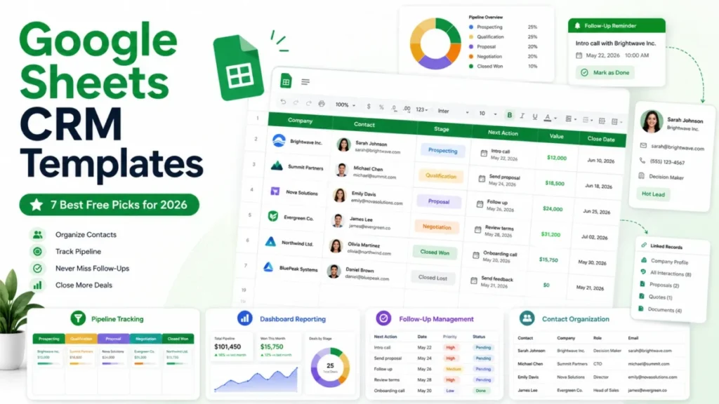 Google Sheets CRM templates with contact management, sales pipeline, follow-up reminders, and dashboard reporting