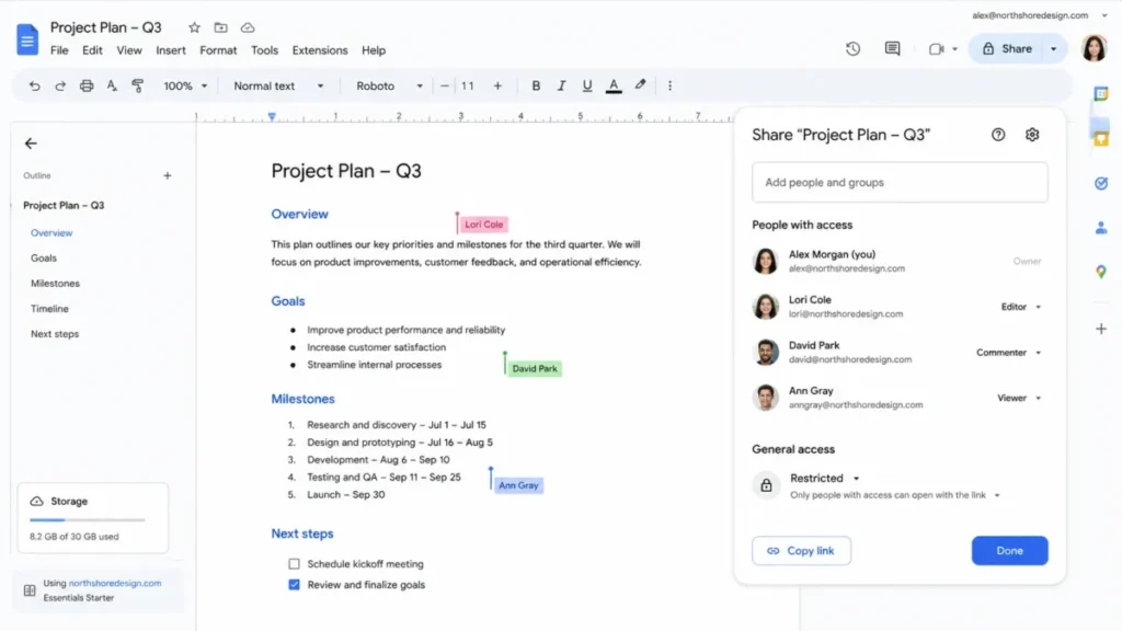 Google Workspace Essentials Starter document showing multiple collaborators, sharing roles, and a work-domain email account.