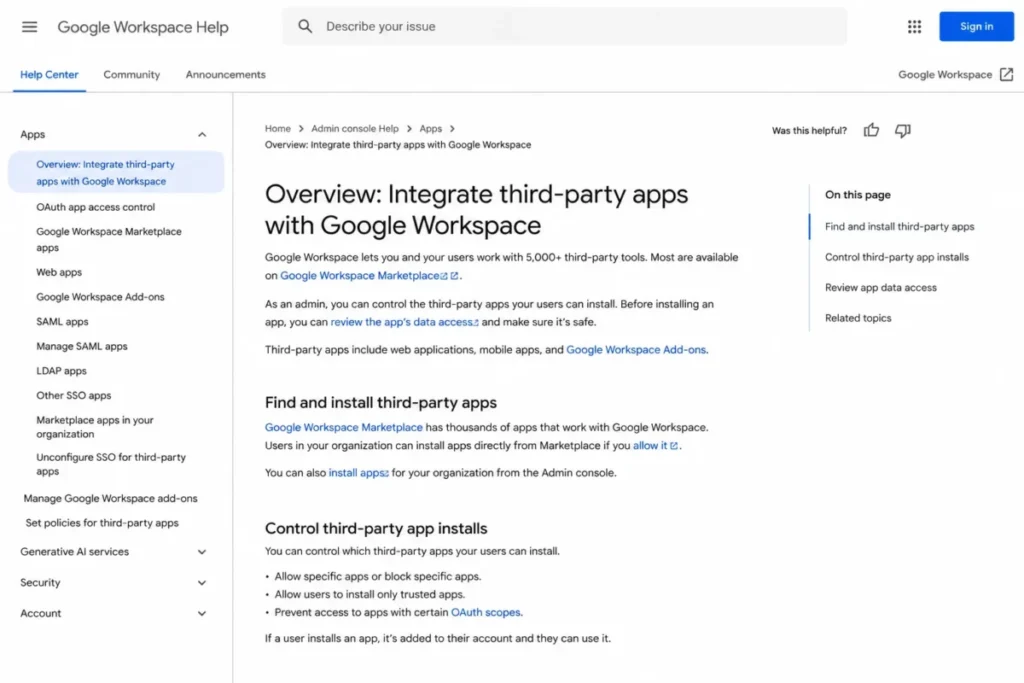 Google Workspace Help page explaining third-party app integration, Marketplace app installs, and app data access review.
