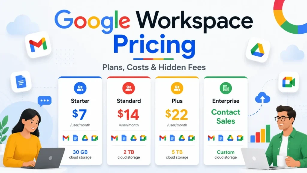 Google Workspace pricing featured image showing Starter, Standard, Plus, and Enterprise plan cards with prices and storage limits.